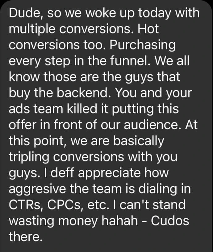 Anonymous client message praising the ads team and reporting tripling conversions